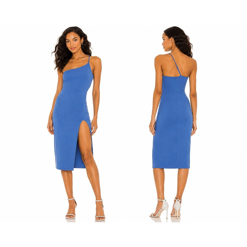 Lovers & Friends Revolve Lazo Blue Midi Dress One Shoulder Front Slit Size Large